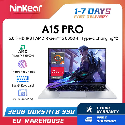 Ninkear A15 PRO Laptop AMD Ryzen™ 5 6600H up to 4.5 GHz 15.6' FHD IPS 32GB DDR5 1TB SSD WIFI6 backlit keyboard Computer