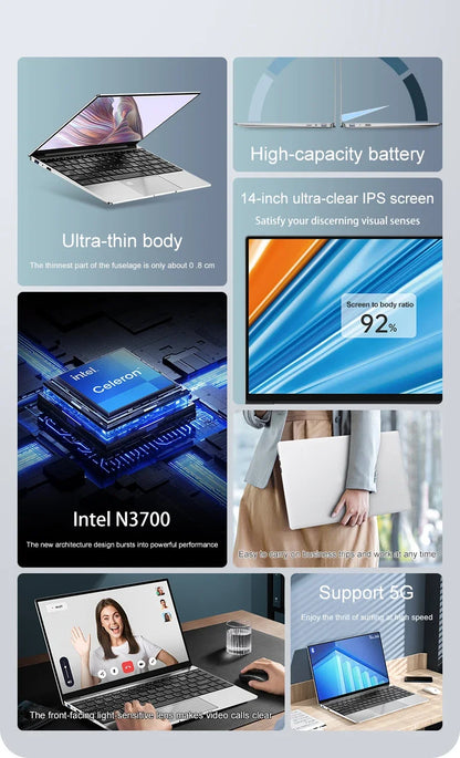 Newest 14.1" inch Mini Laptop Intel N3700 CPU 16GB RAM 2TB SSD Windows 11 Pro Original Mini Gaming PC Office Study Computer